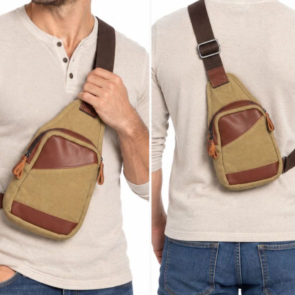 Buff Ryder Genuine Leather Canvas Sling Bag Crossbody Brow Tan Travel